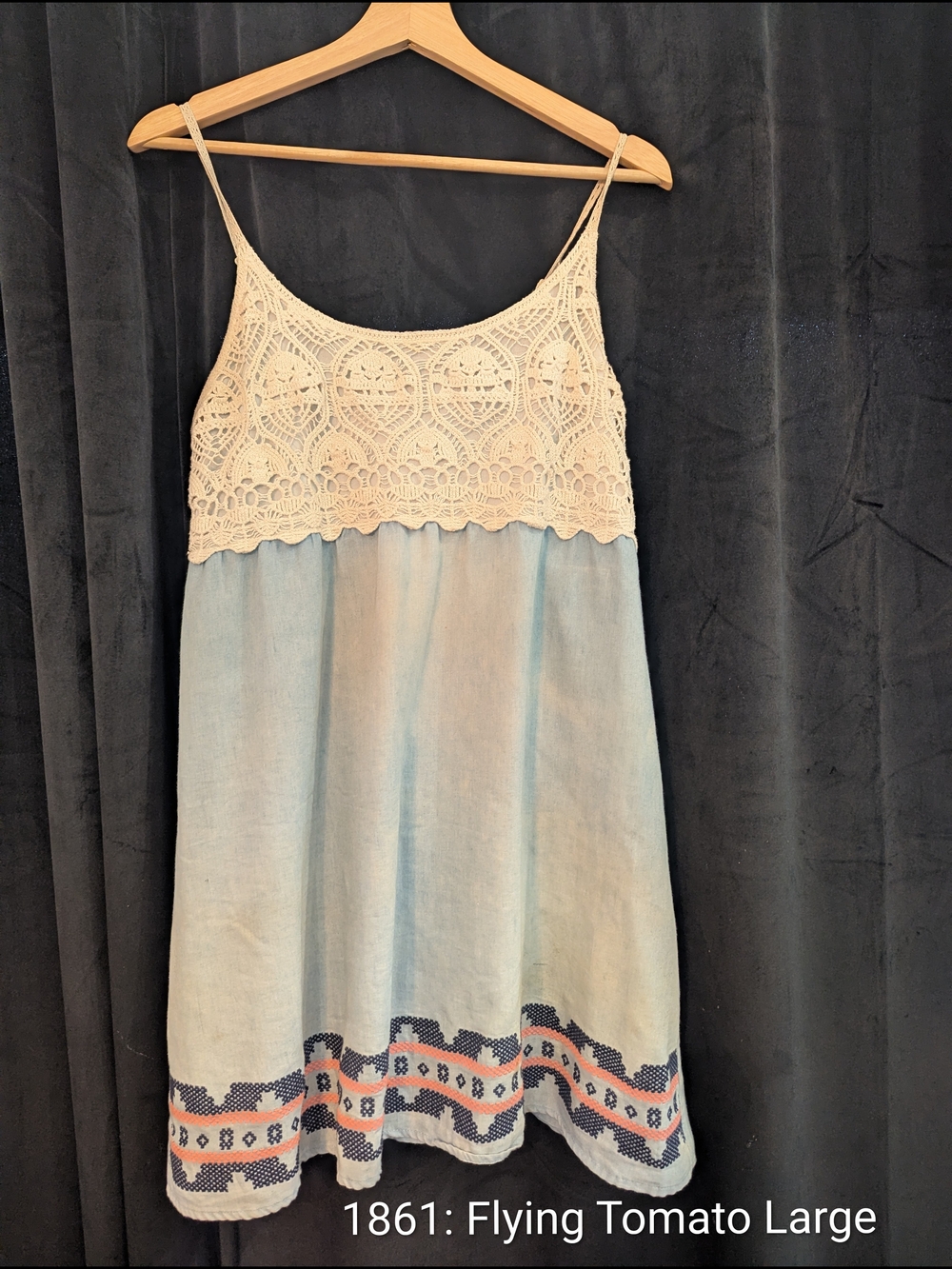 1861 Flying Tomato Cream Crochet Yoke Light Blue Sundress with Navy & Coral Trim